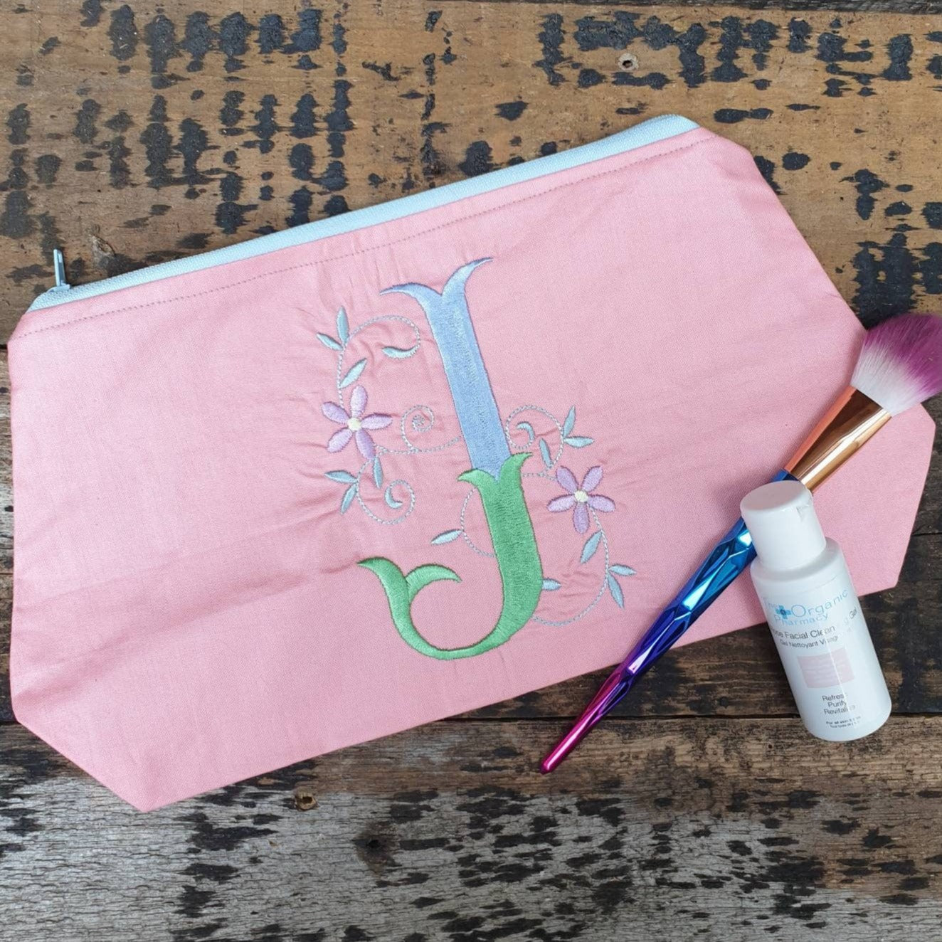 Personalised Floral Swirl Monogram Pouch Bag | Large Makeup Bag