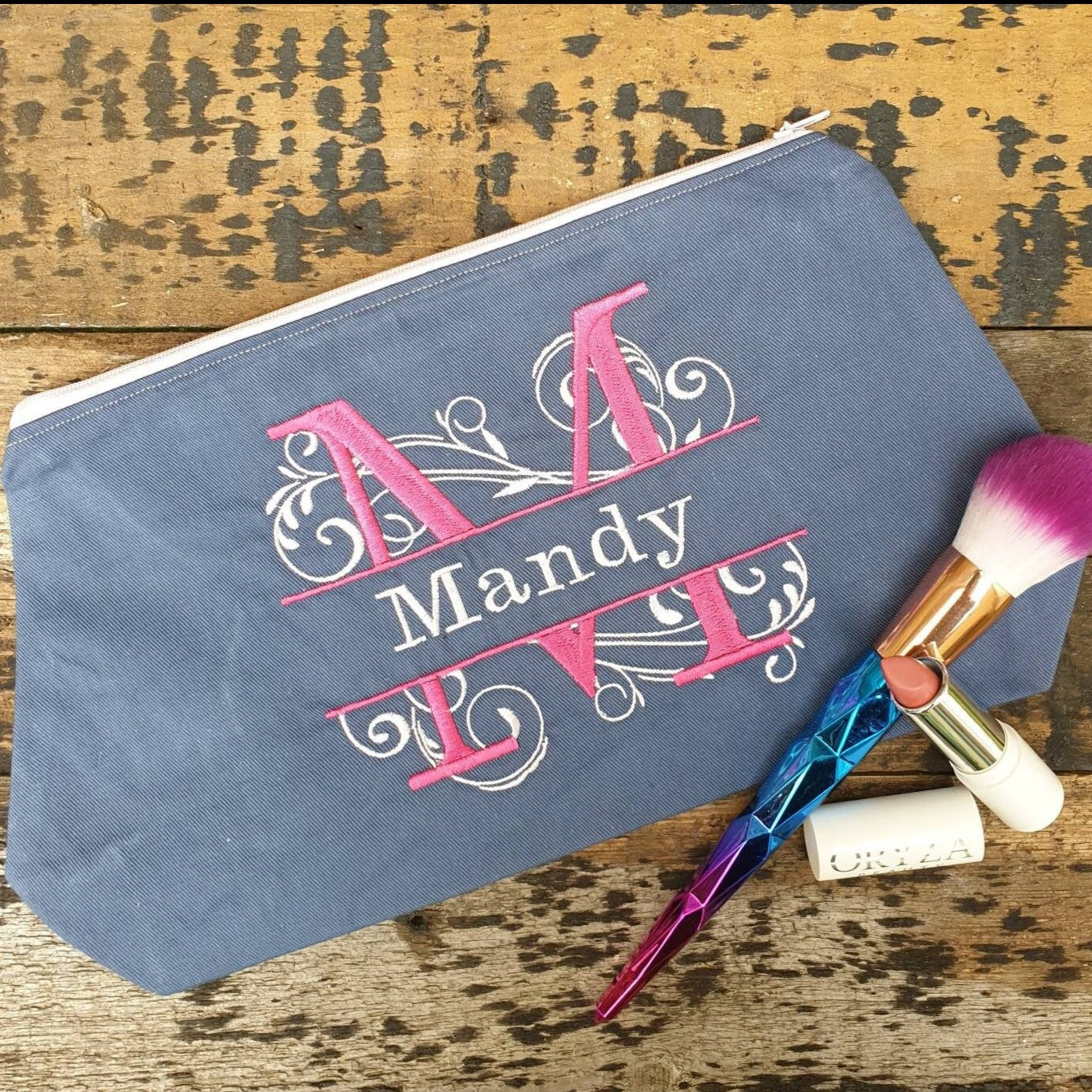 Personalised Swirling Split Monogram Pouch Bag | Large Makeup Bag