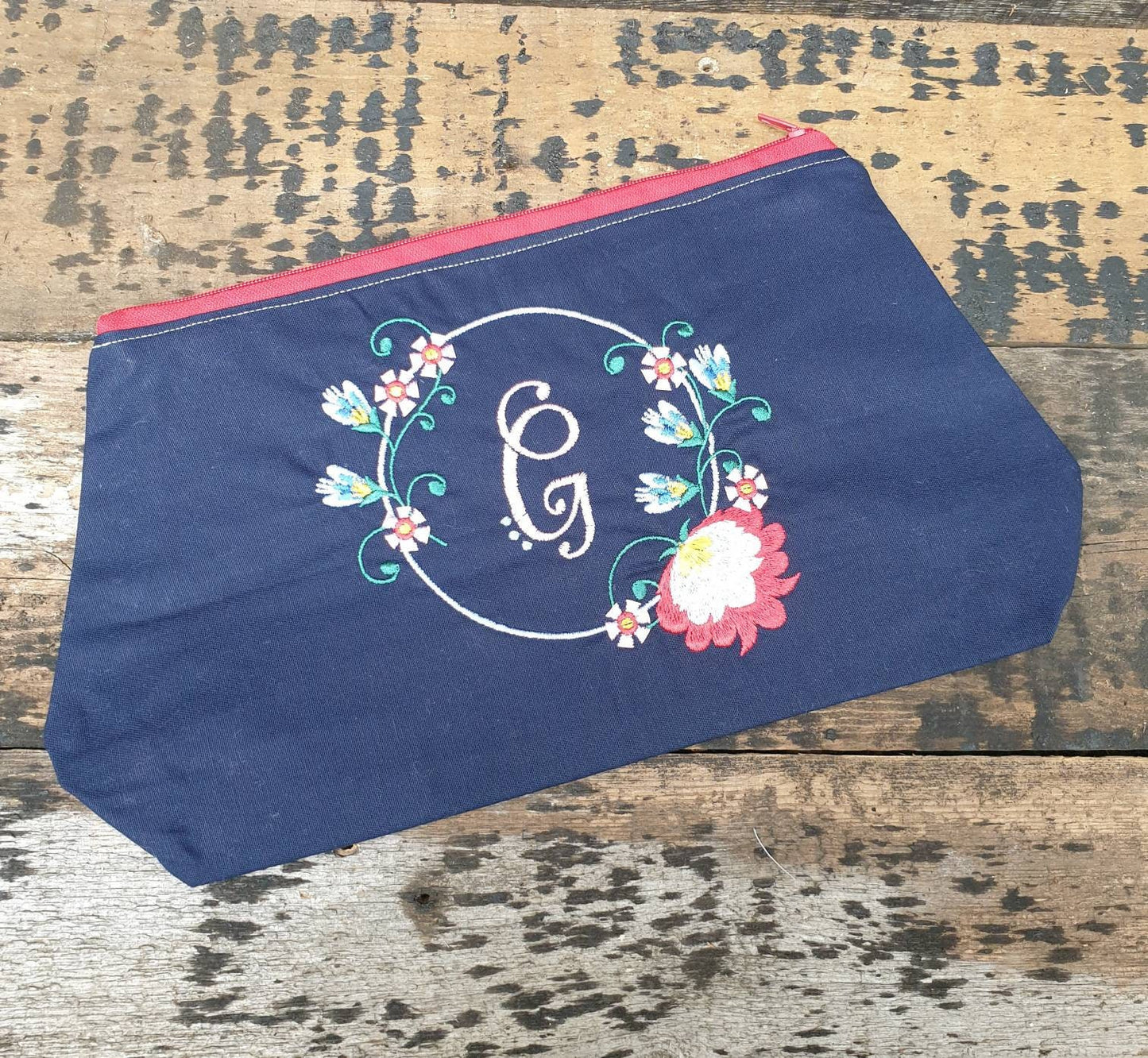 Personalised Floral Framed Monogram Pouch Bag | Large Makeup Bag