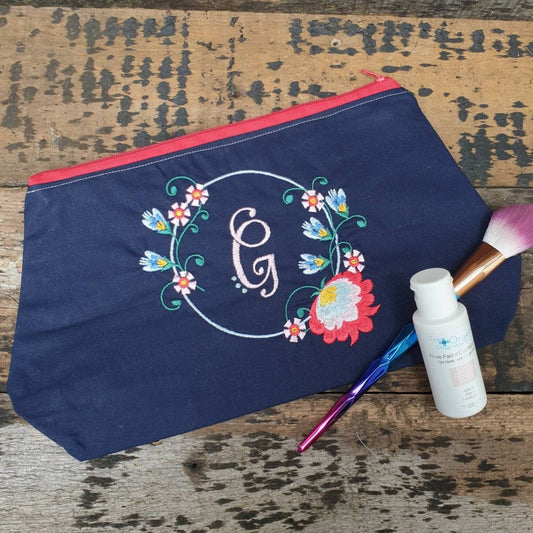 Personalised Floral Framed Monogram Pouch Bag | Large Makeup Bag