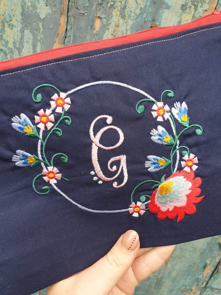 Personalised Floral Framed Monogram Pouch Bag | Large Makeup Bag