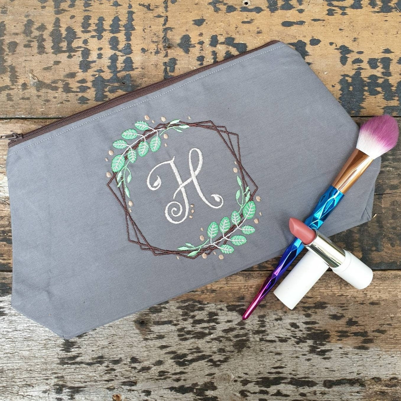 Personalised Laurel Framed Monogram Pouch Bag | Large Makeup Bag