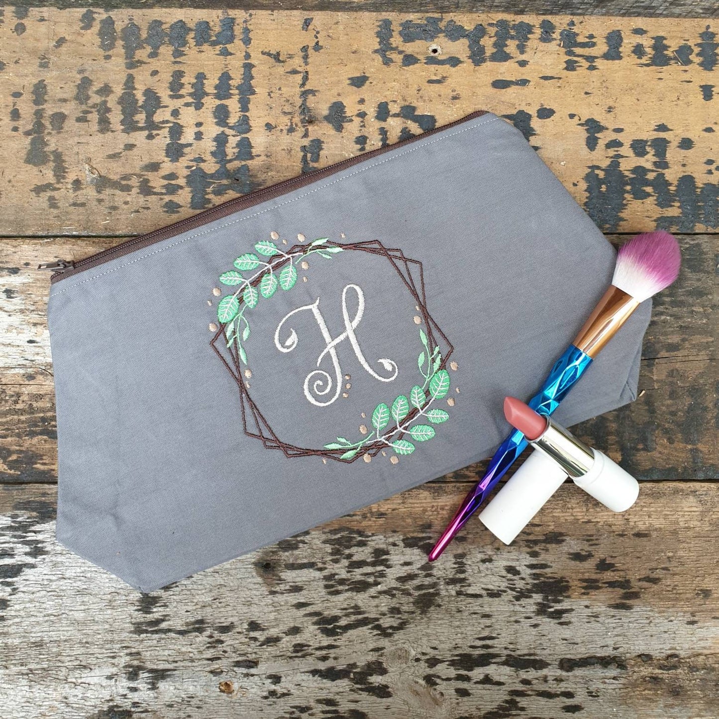 Personalised Laurel Framed Monogram Pouch Bag | Large Makeup Bag