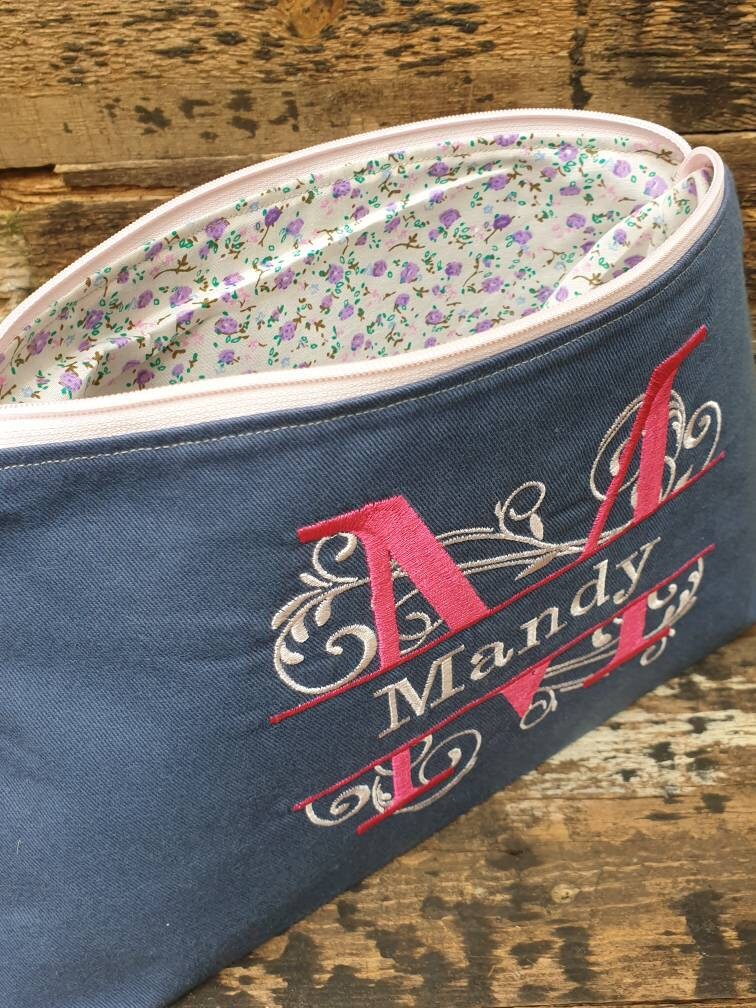 Personalised Swirling Split Monogram Pouch Bag | Large Makeup Bag