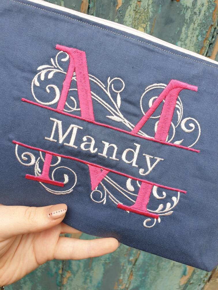 Personalised Swirling Split Monogram Pouch Bag | Large Makeup Bag