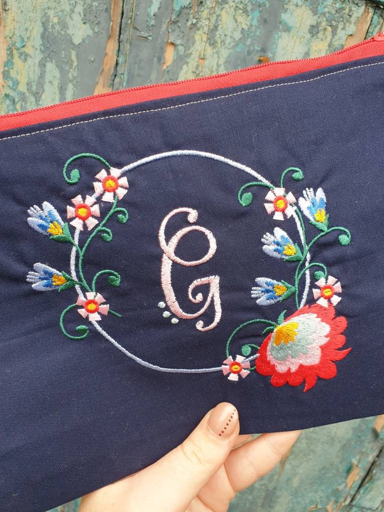 Personalised Floral Framed Monogram Pouch Bag | Large Makeup Bag