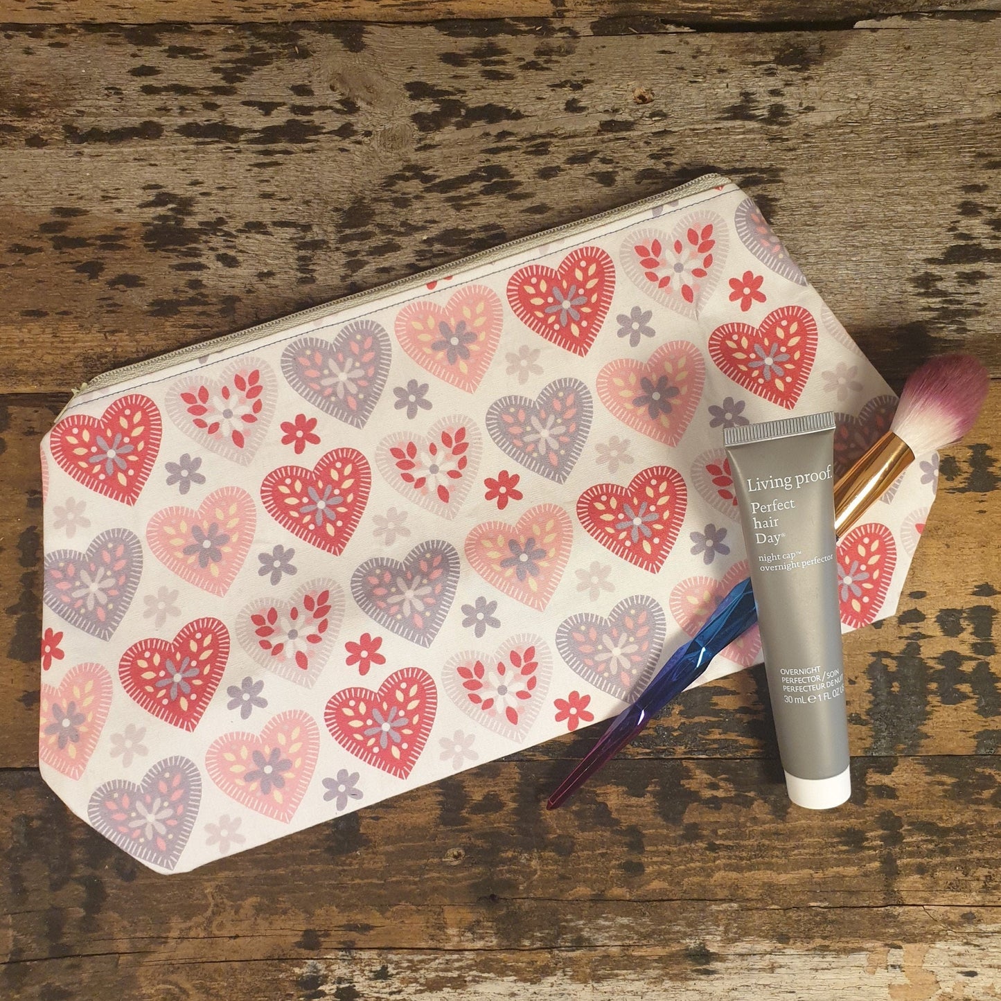 Stitched Look Love Heart Zipper Pouch Bag | Large Makeup Bag