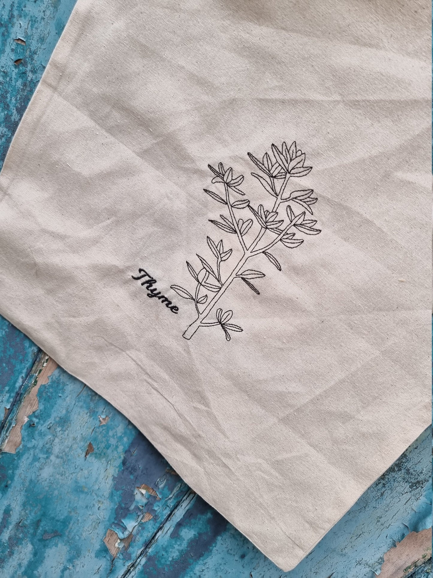 Line Art Botanical Herb Embroidered Tote Bag