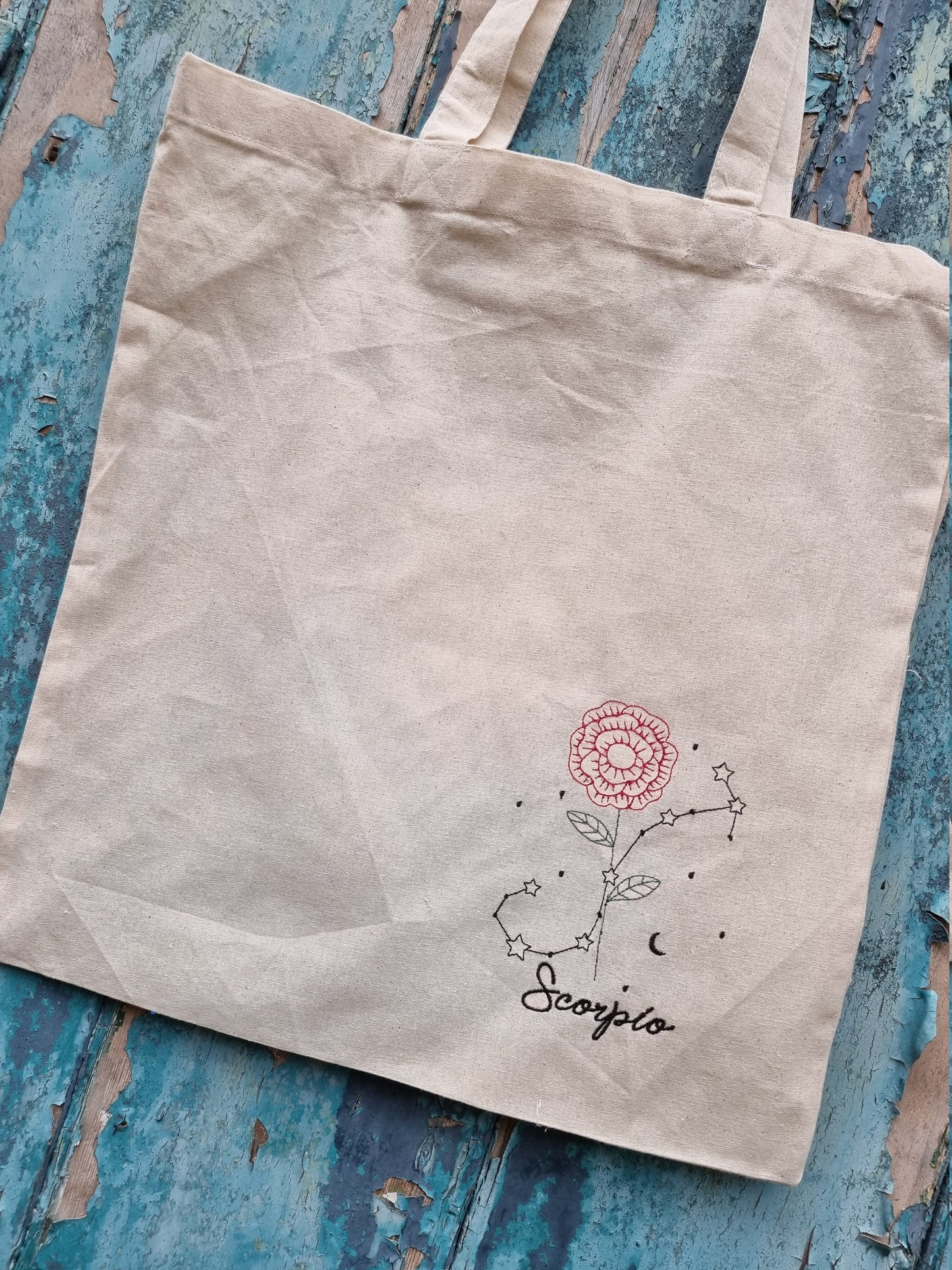 Floral Zodiac Line Art Embroidered Tote Bag