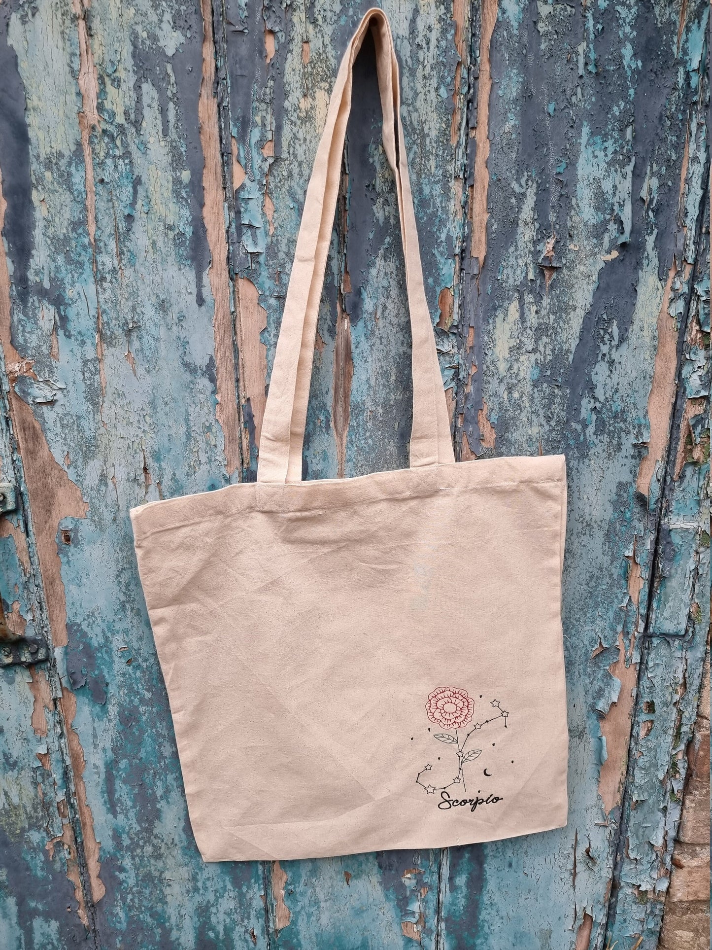 Floral Zodiac Line Art Embroidered Tote Bag