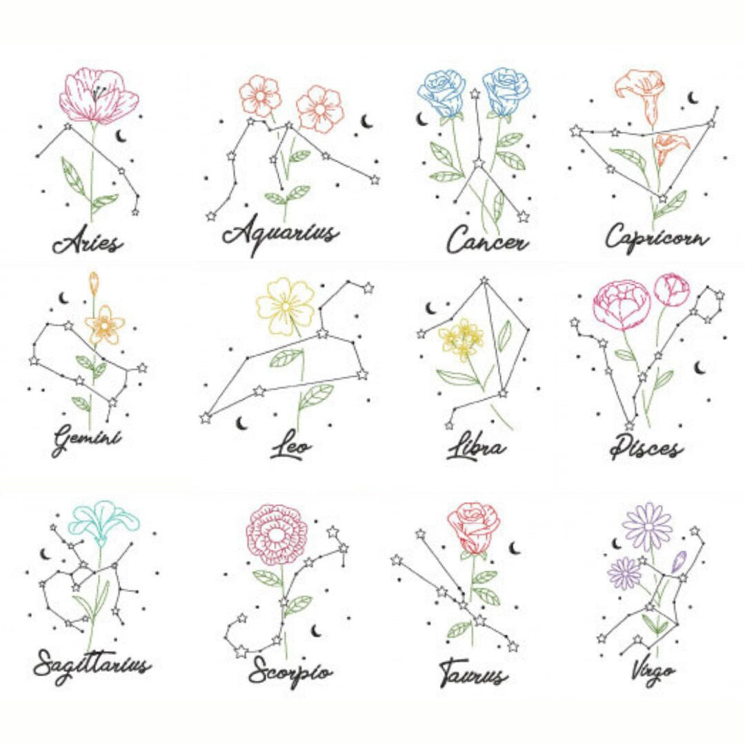 Floral Zodiac Line Art Embroidered Tote Bag