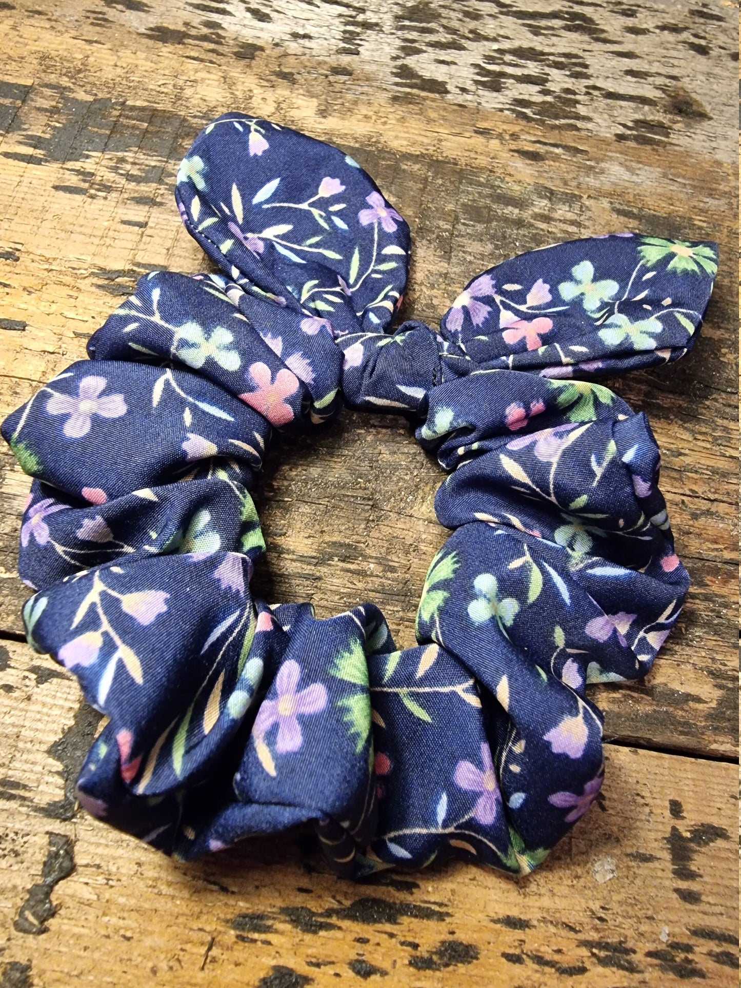 Navy Floral Crepe Bow Scrunchie | Removeable Bow