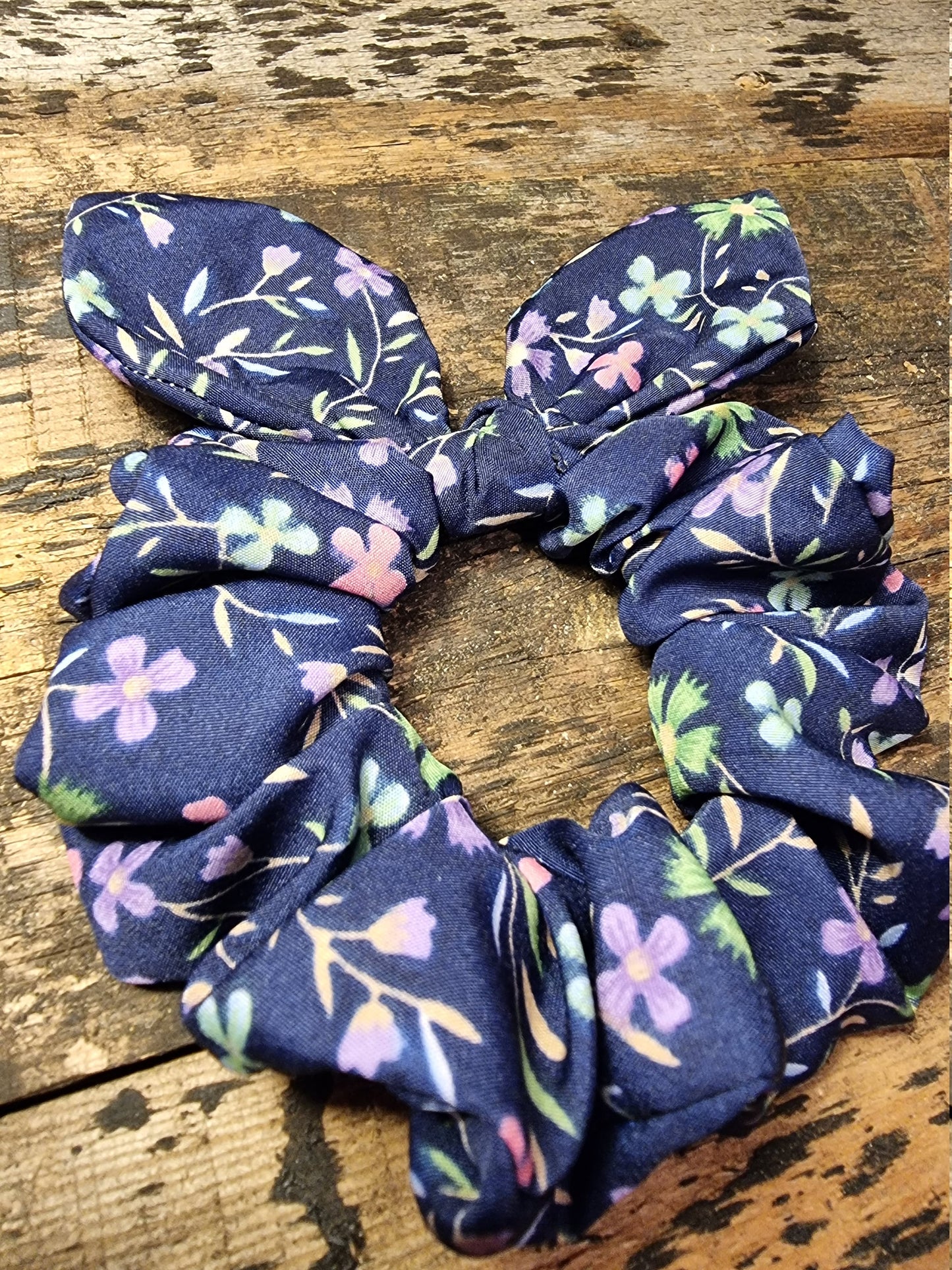 Navy Floral Crepe Bow Scrunchie | Removeable Bow