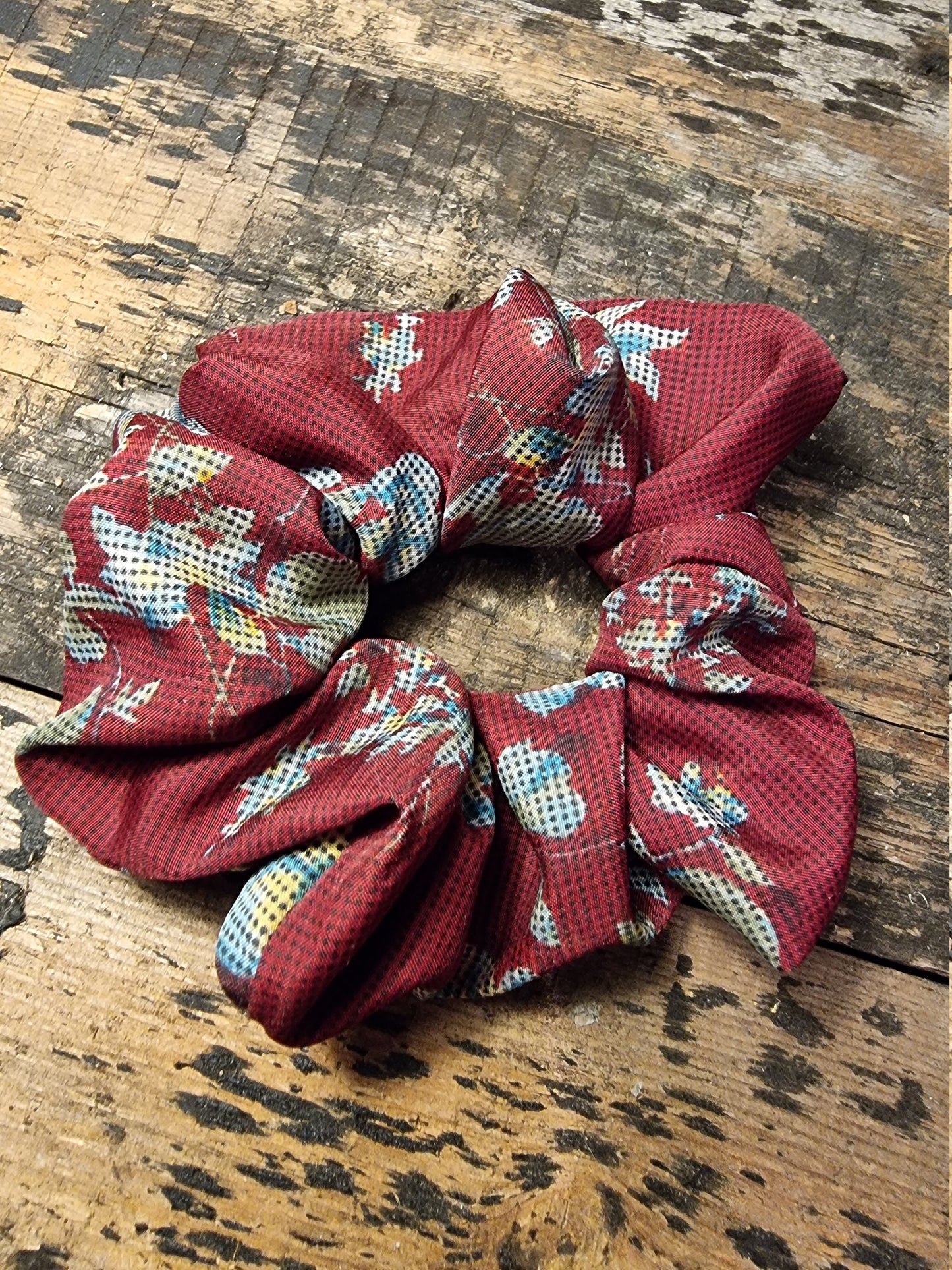 Maroon Floral Tapestry Look Super Soft Crepe Bow Scrunchie | Removeable Bow