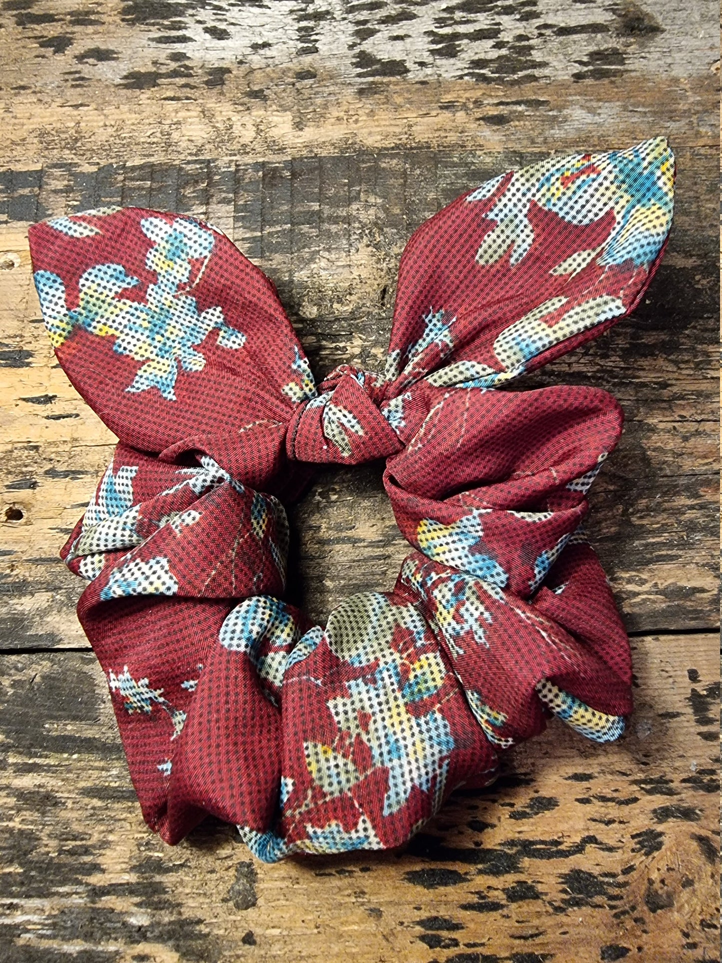 Maroon Floral Tapestry Look Super Soft Crepe Bow Scrunchie | Removeable Bow