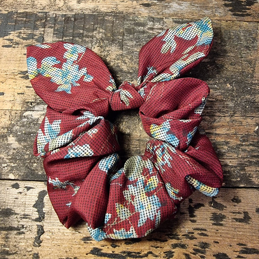 Maroon Floral Tapestry Look Super Soft Crepe Bow Scrunchie | Removeable Bow