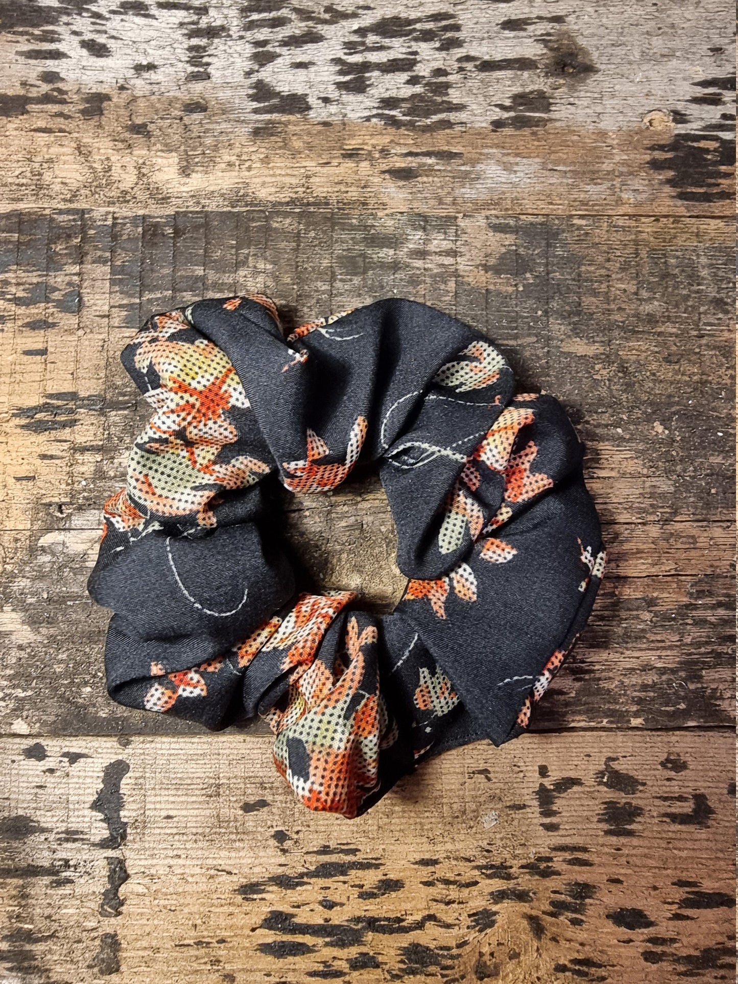 Black Floral Tapestry Look Super Soft Crepe Bow Scrunchie | Removeable Bow