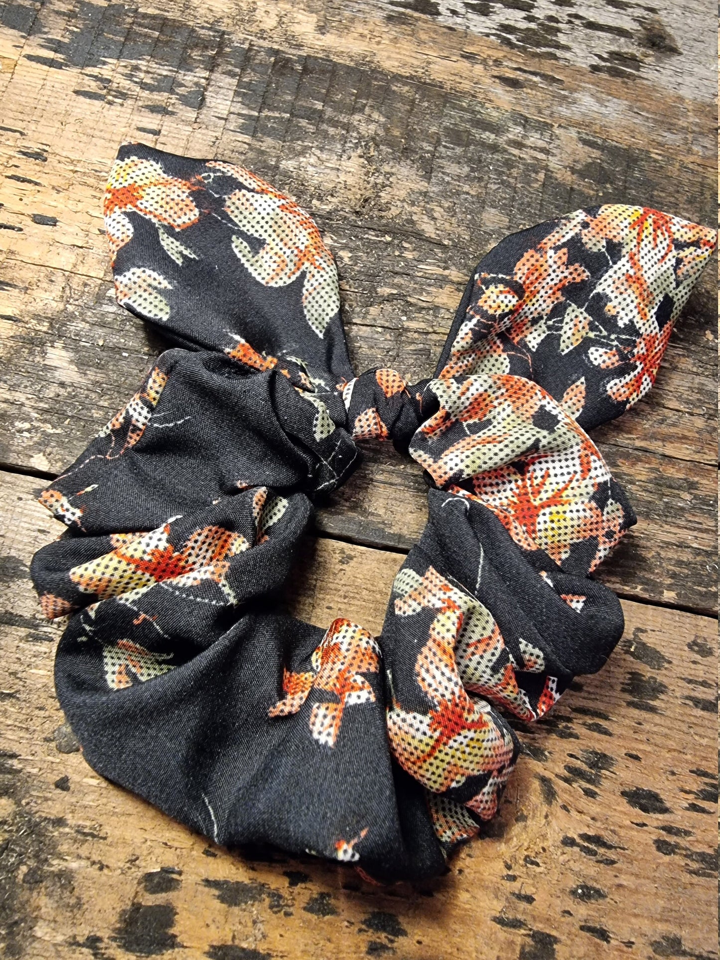 Black Floral Tapestry Look Super Soft Crepe Bow Scrunchie | Removeable Bow