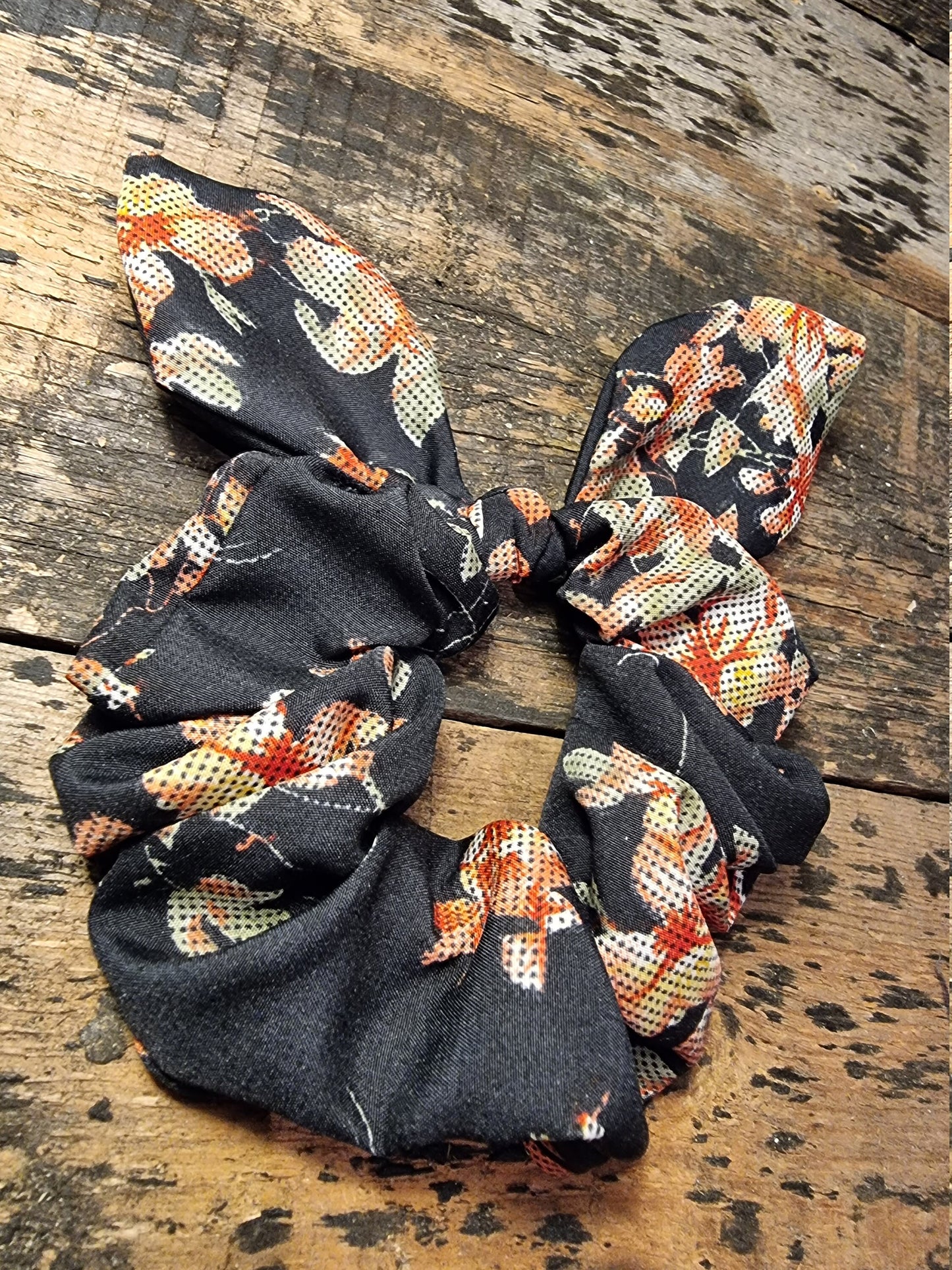 Black Floral Tapestry Look Super Soft Crepe Bow Scrunchie | Removeable Bow