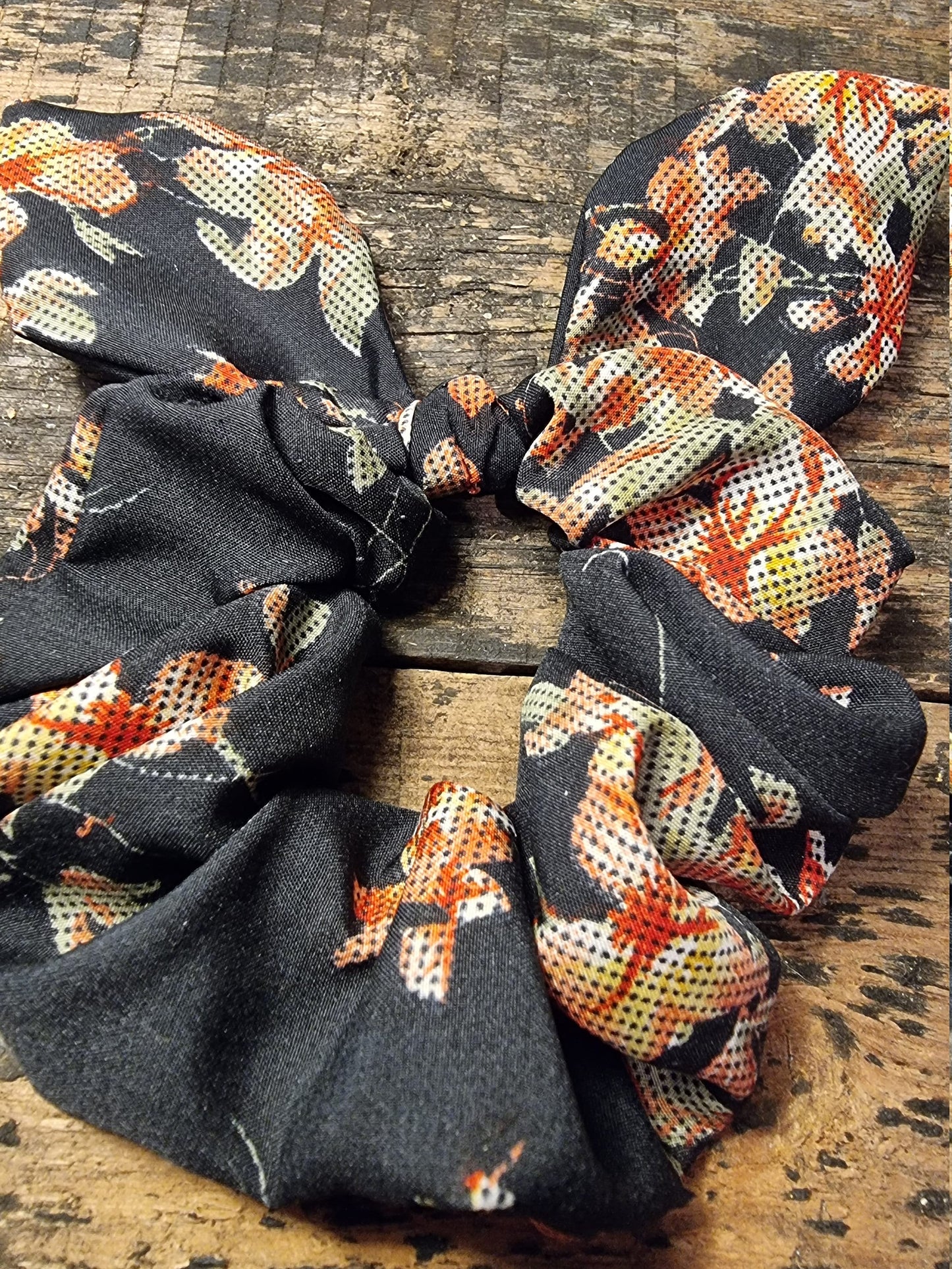 Black Floral Tapestry Look Super Soft Crepe Bow Scrunchie | Removeable Bow