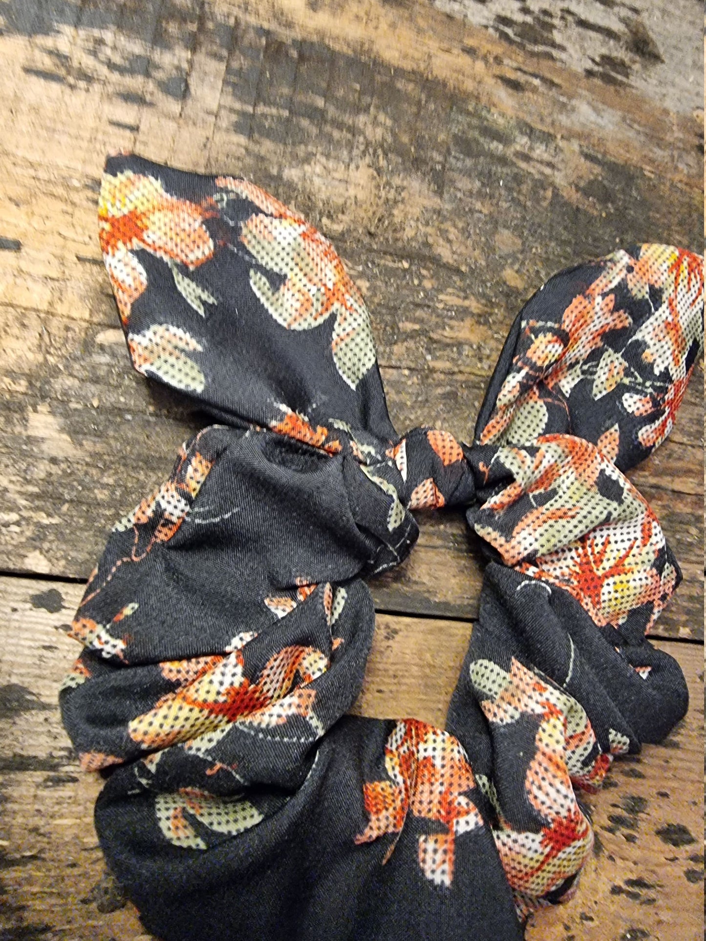 Black Floral Tapestry Look Super Soft Crepe Bow Scrunchie | Removeable Bow