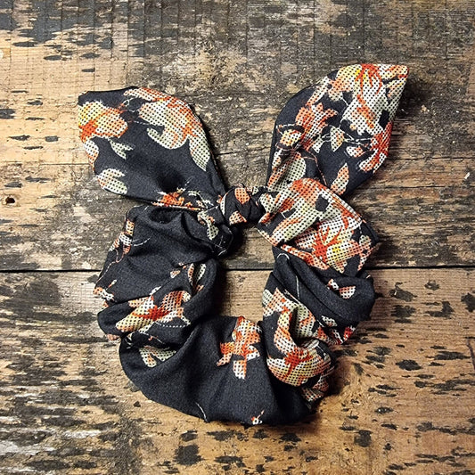 Black Floral Tapestry Look Super Soft Crepe Bow Scrunchie | Removeable Bow