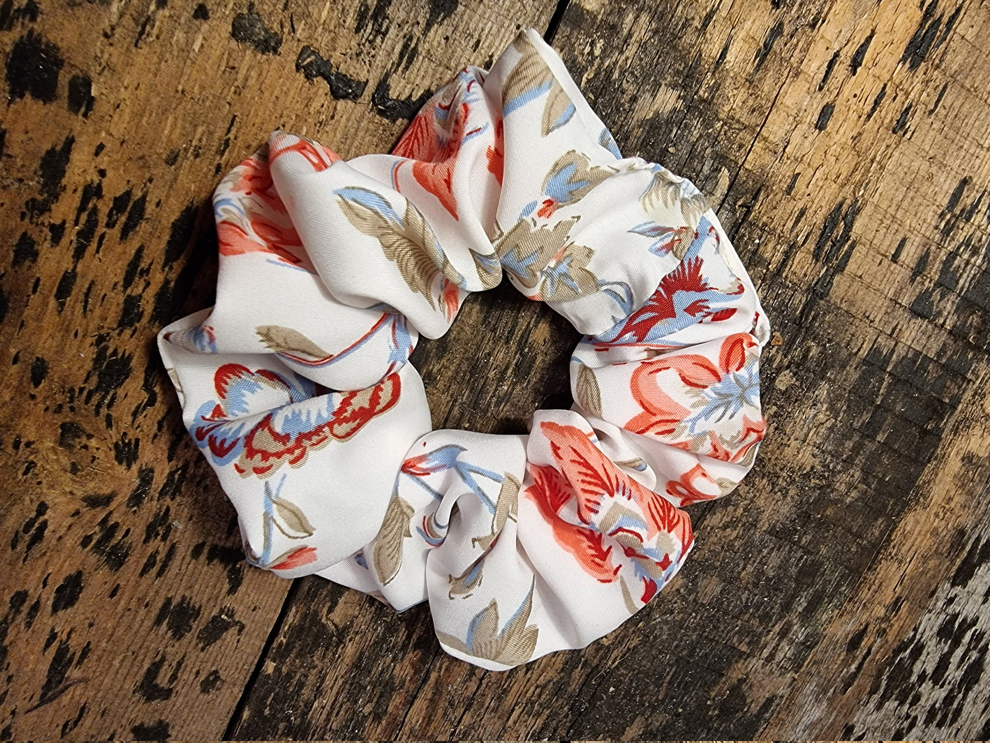 White and Pink Vintage Floral Look Super Soft Crepe Scrunchie | Hair Tie