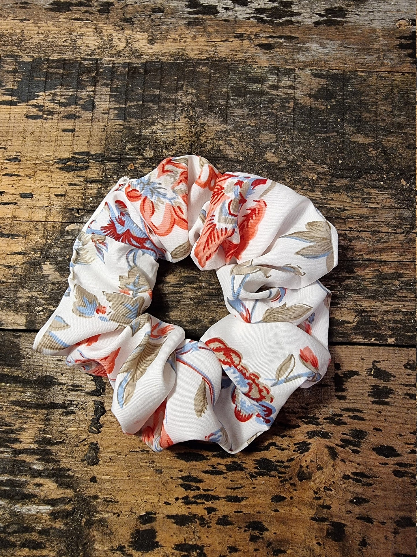 White and Pink Vintage Floral Look Super Soft Crepe Scrunchie | Hair Tie