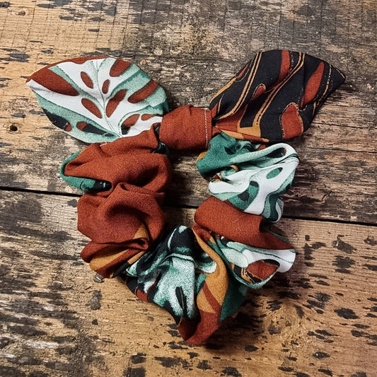 Monstera Leaf Print Soft Viscose Bow Scrunchie | Removeable Bow