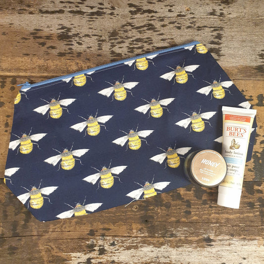 Navy Bumble Bee Pouch Bag | Large Makeup Bag