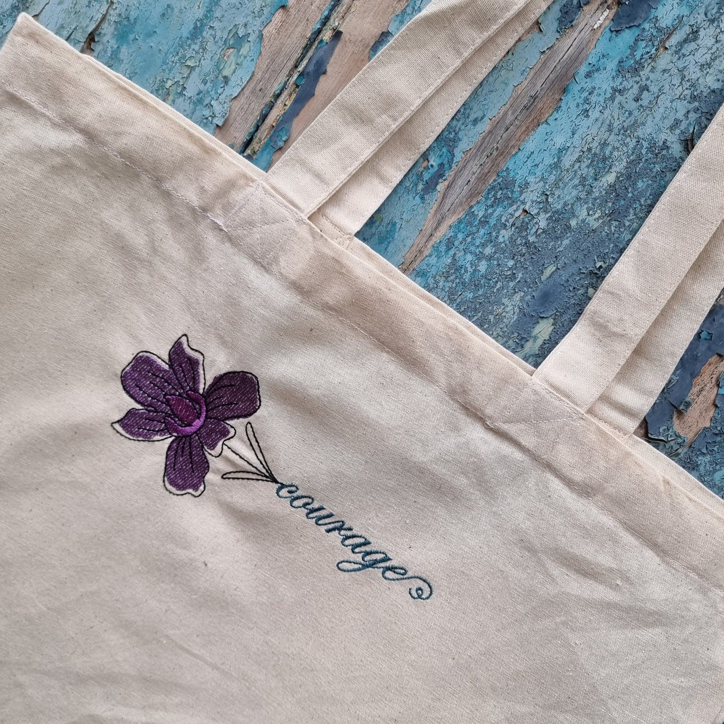 Inspirational Word and Flower Embroidered Tote Bag