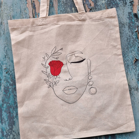 Line Art Lady Face with Rose Embroidered Tote Bag