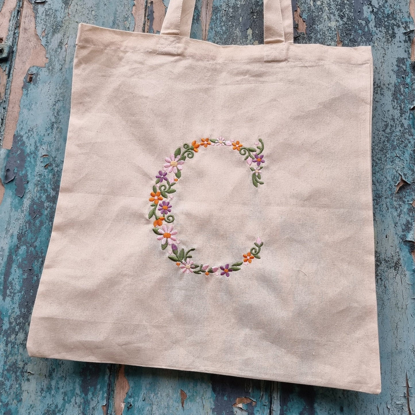 Floral Initial Embroidered Tote Bag