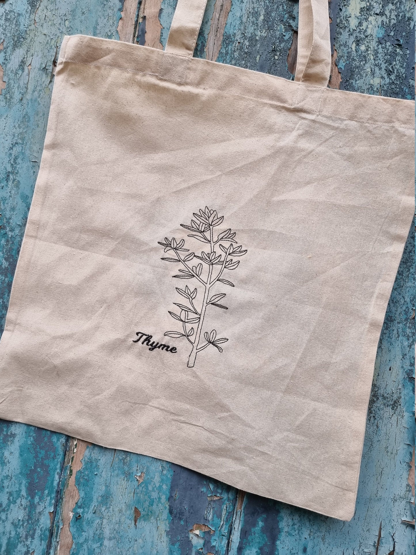 Line Art Botanical Herb Embroidered Tote Bag