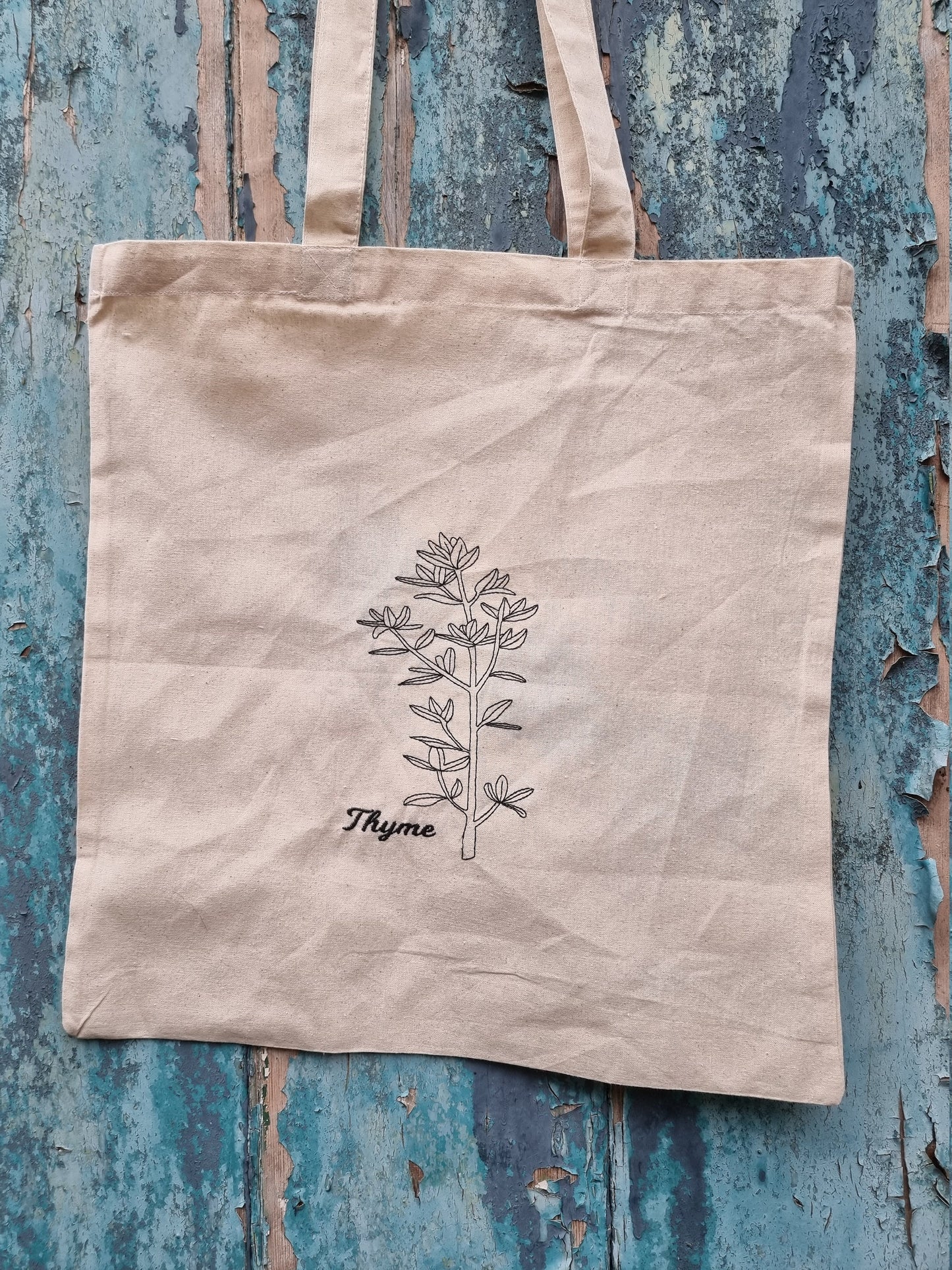 Line Art Botanical Herb Embroidered Tote Bag