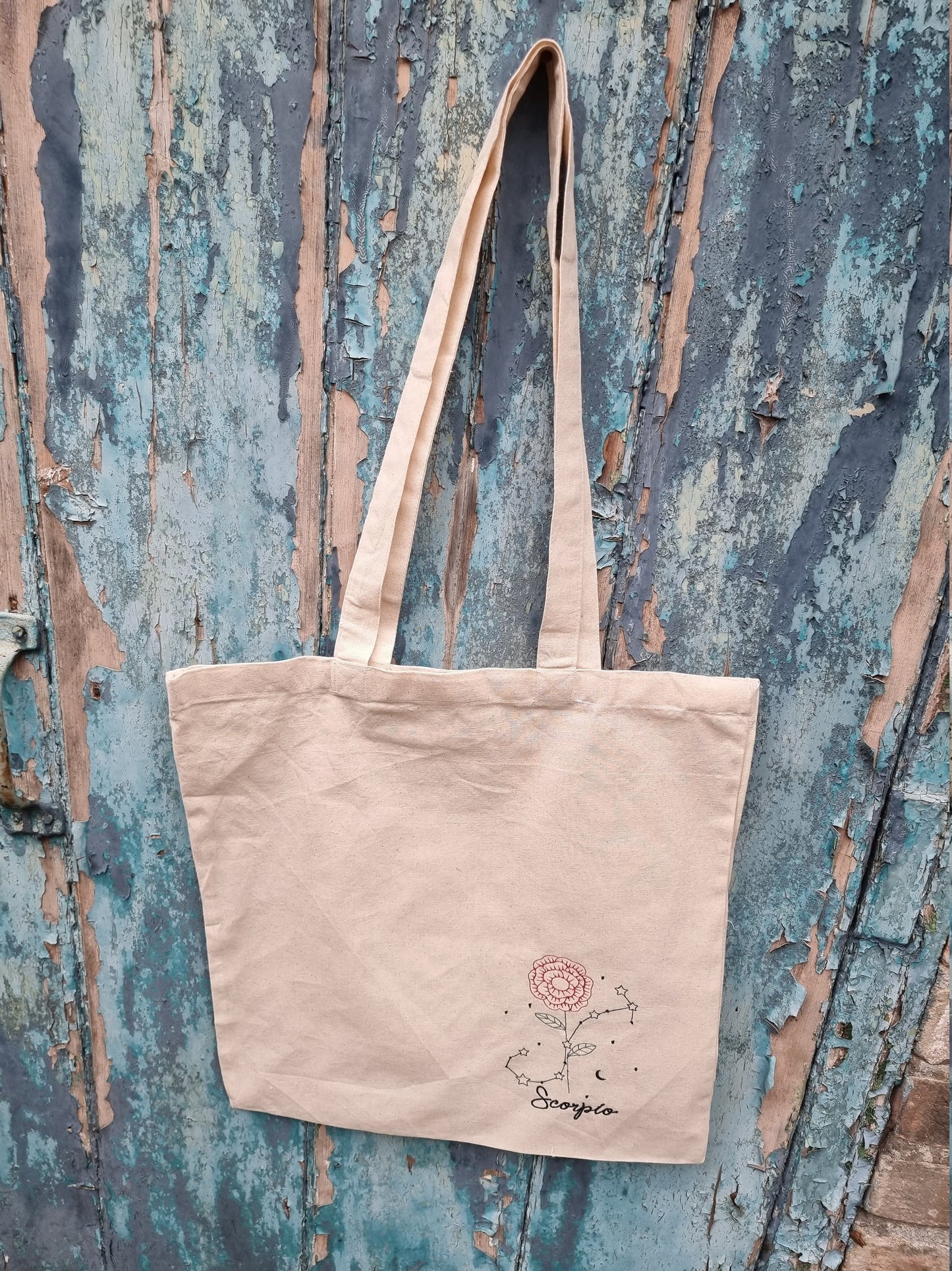 Floral Zodiac Line Art Embroidered Tote Bag