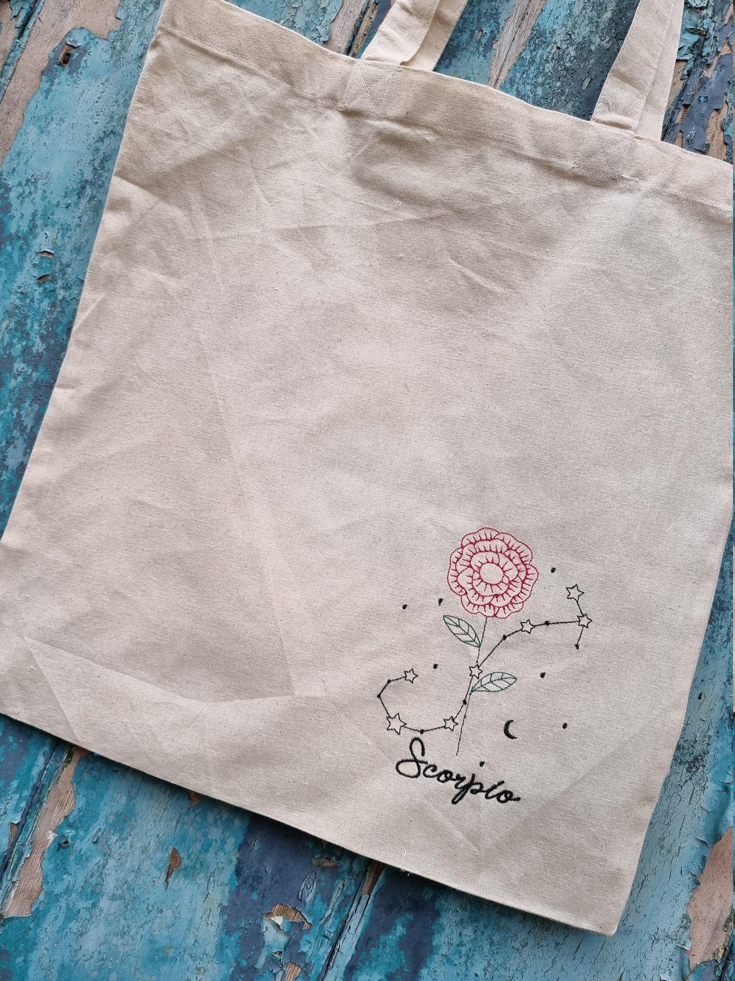 Floral Zodiac Line Art Embroidered Tote Bag