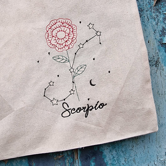 Floral Zodiac Line Art Embroidered Tote Bag