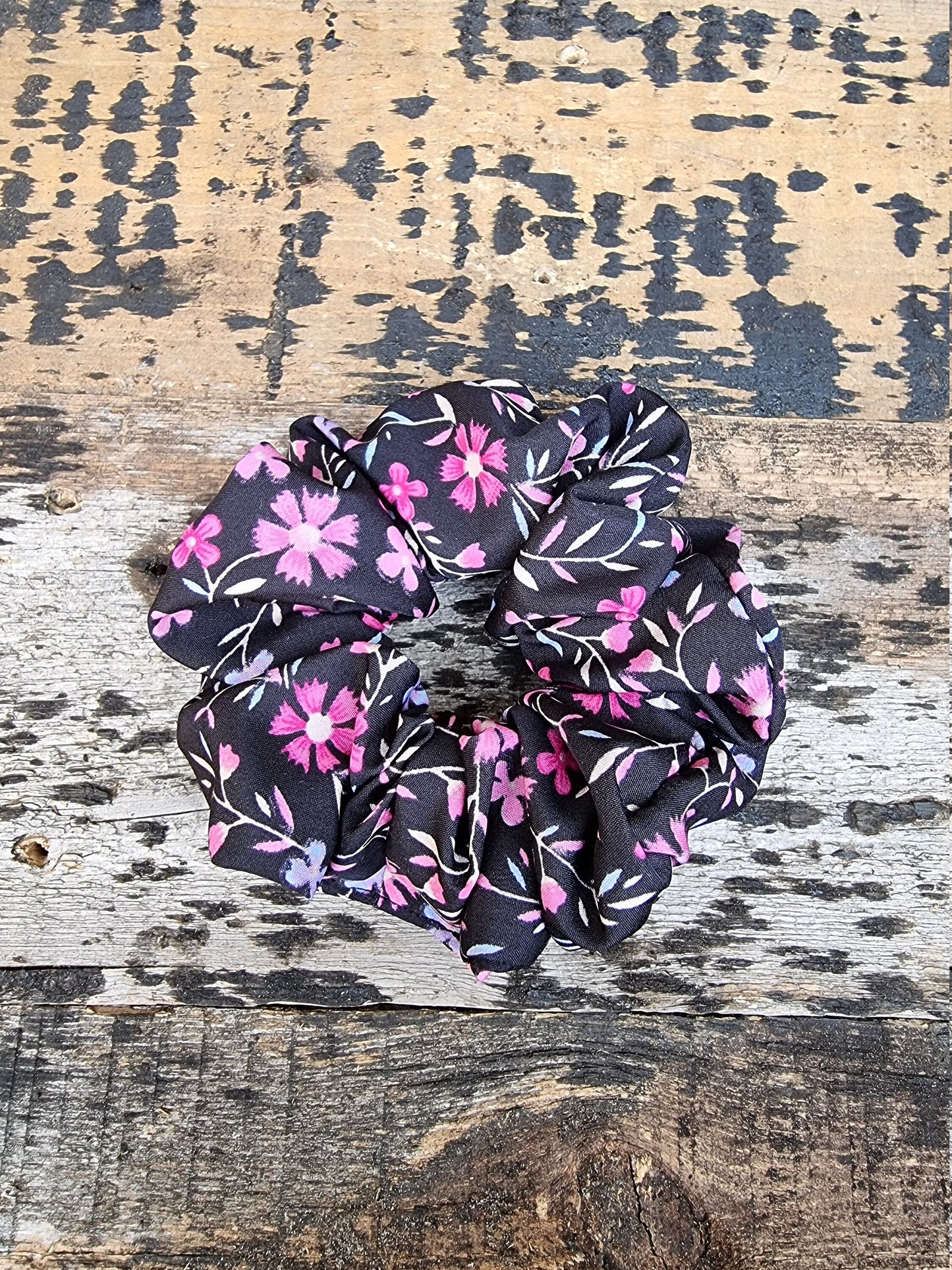 Black and Pink Floral Crepe Scrunchie | Hair Tie