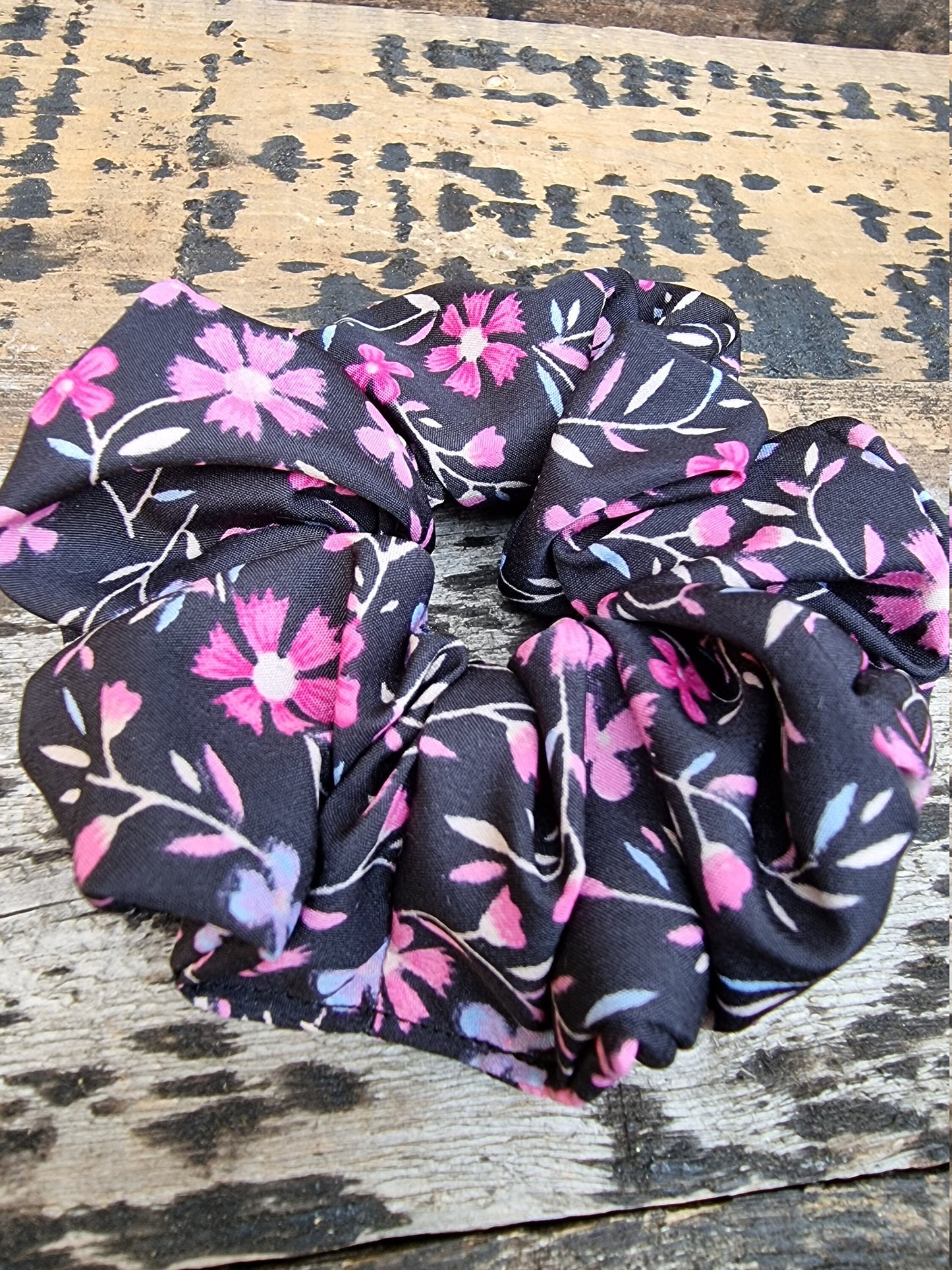 Black and Pink Floral Crepe Scrunchie | Hair Tie