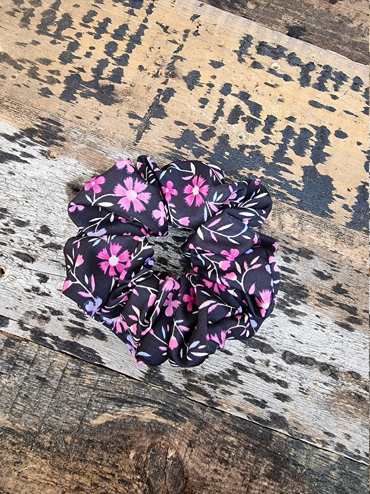 Black and Pink Floral Crepe Scrunchie | Hair Tie