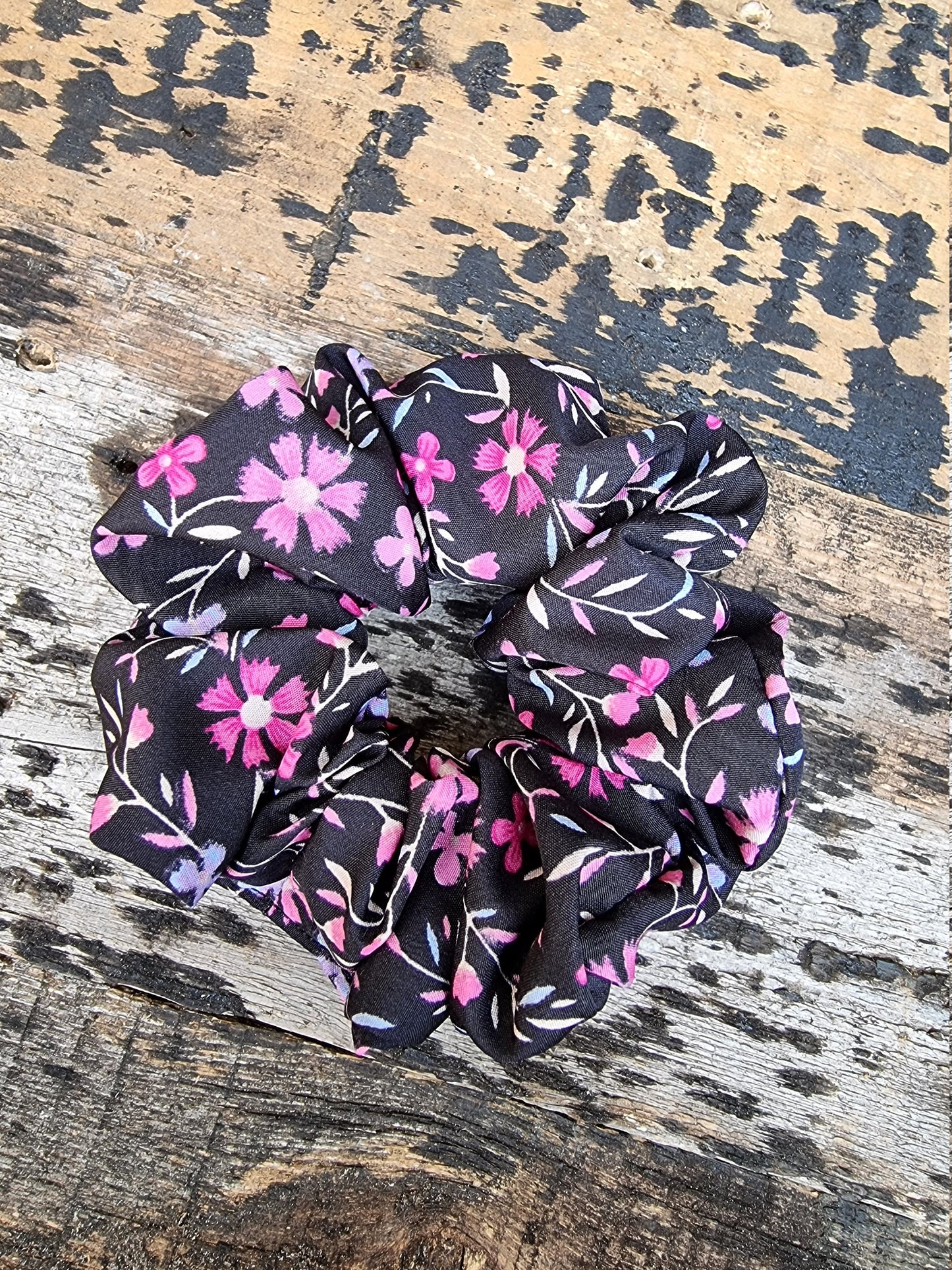 Black and Pink Floral Crepe Scrunchie | Hair Tie