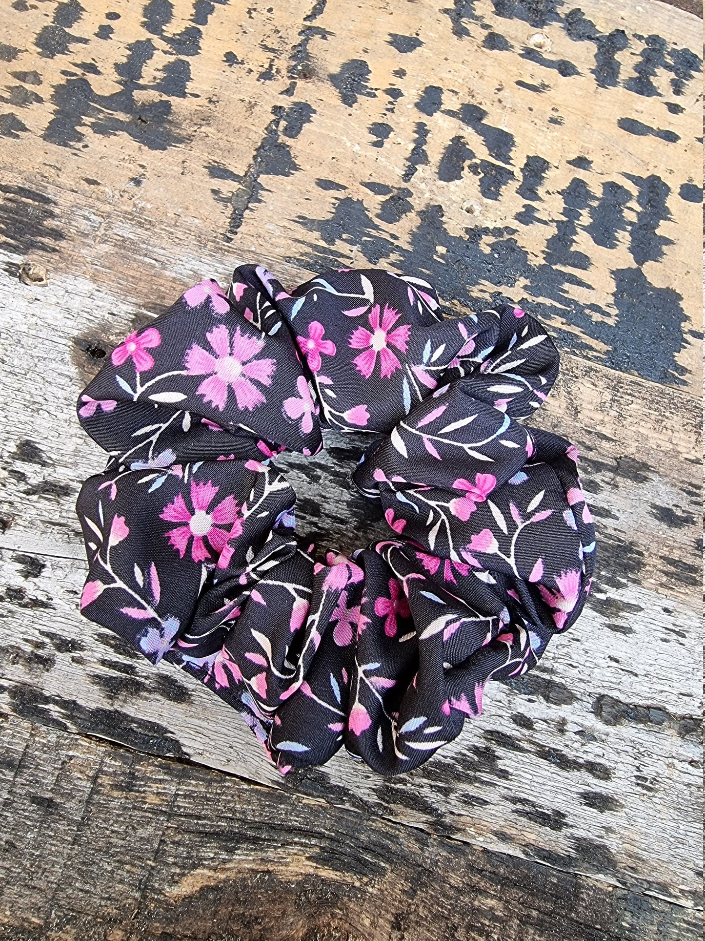 Black and Pink Floral Crepe Scrunchie | Hair Tie