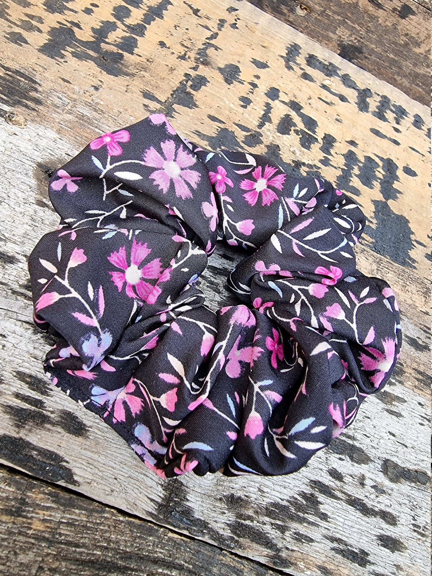 Black and Pink Floral Crepe Scrunchie | Hair Tie