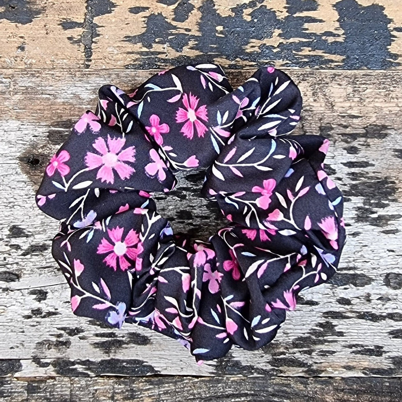 Black and Pink Floral Crepe Scrunchie | Hair Tie