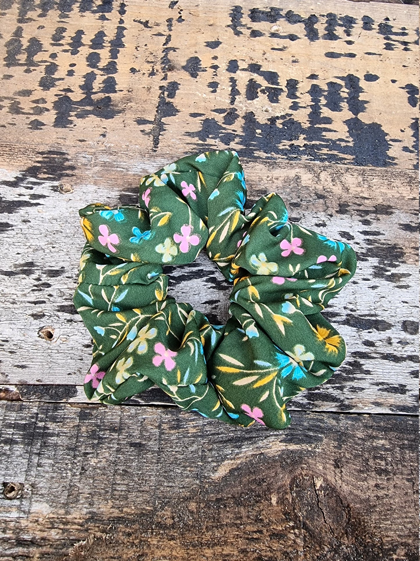 Green Scattered Floral Crepe Scrunchie | Hair Tie