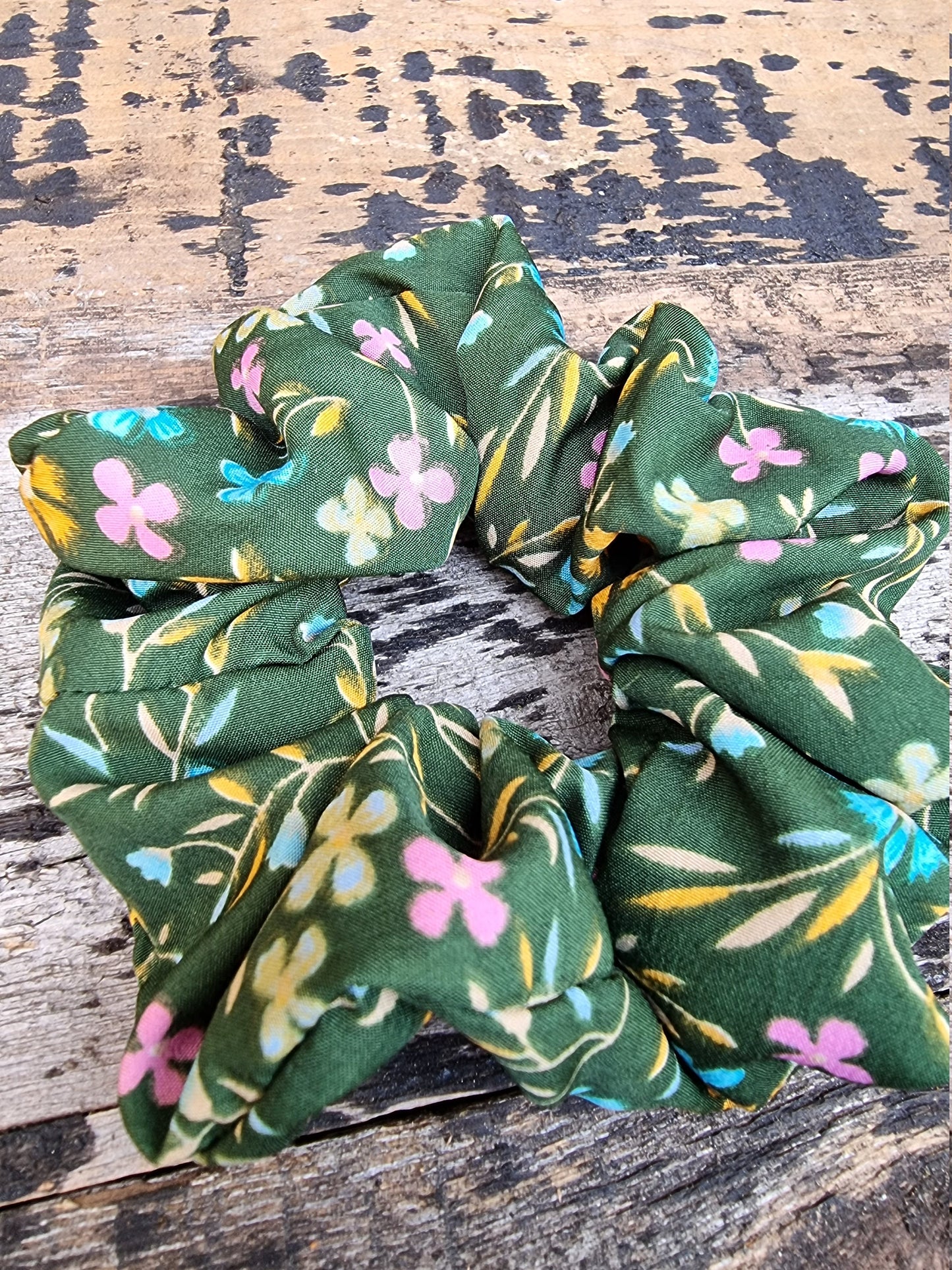 Green Scattered Floral Crepe Scrunchie | Hair Tie