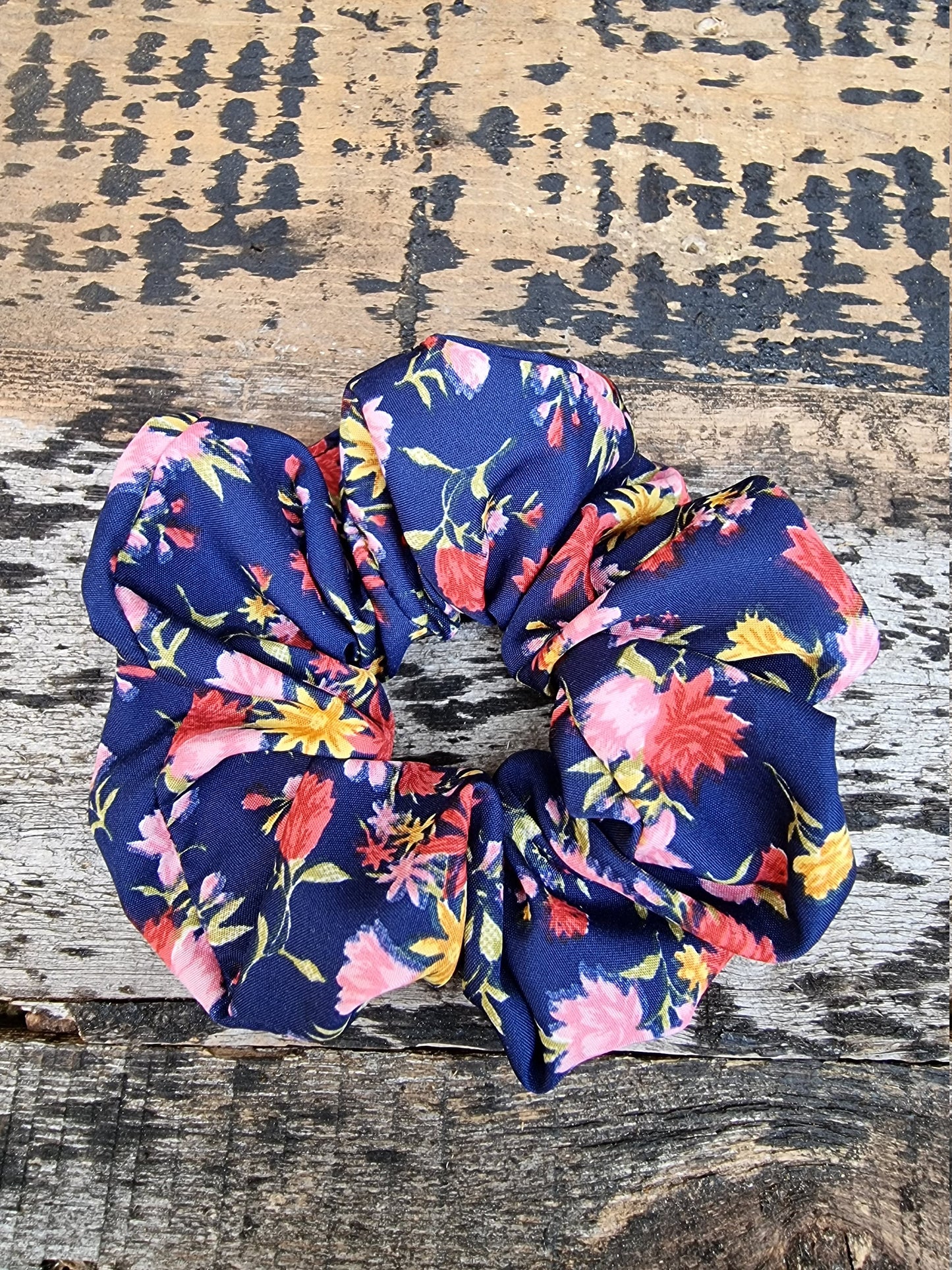 Navy And Pink Scattered Floral Crepe Scrunchie | Hair Tie