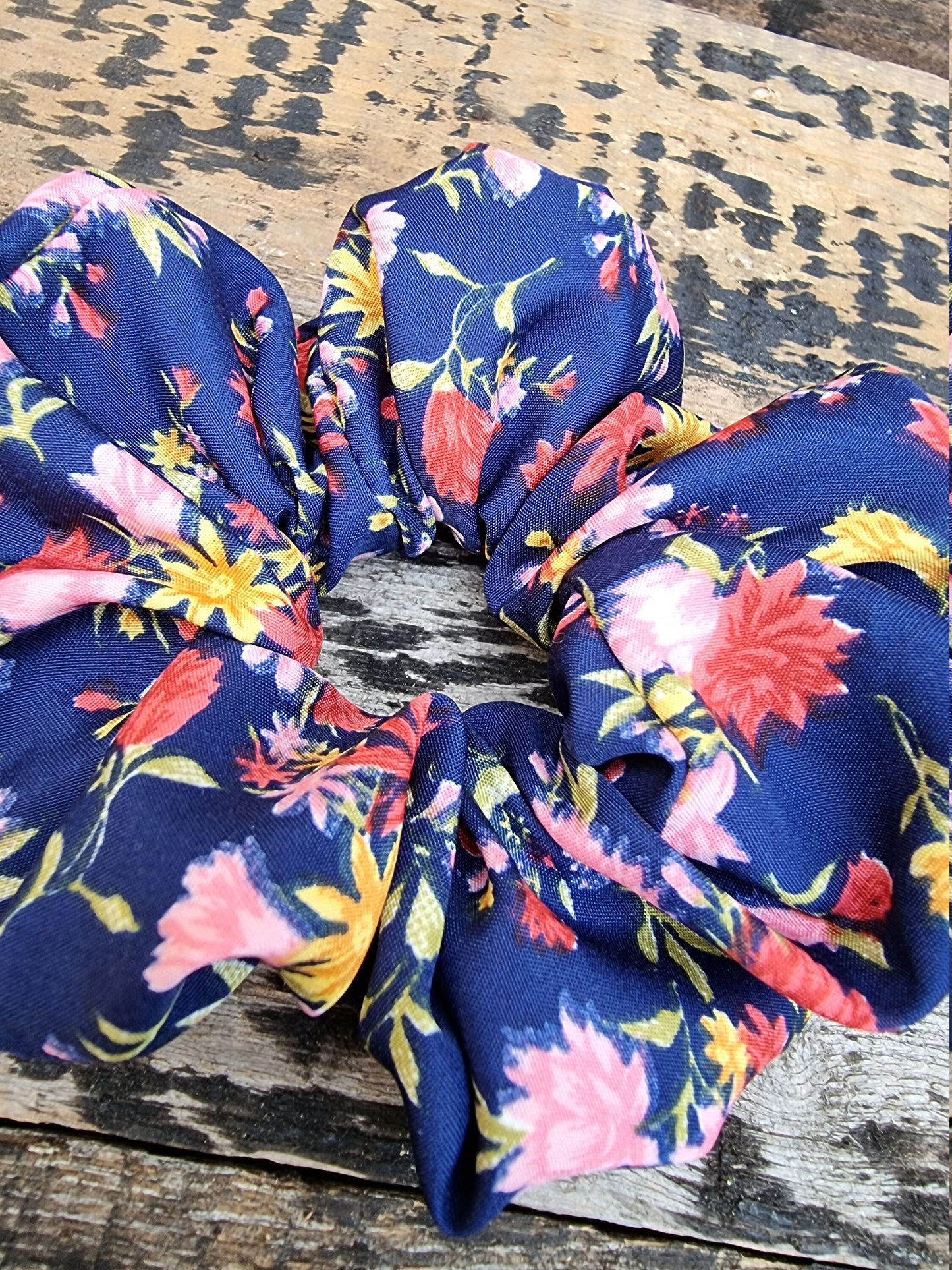 Navy And Pink Scattered Floral Crepe Scrunchie | Hair Tie