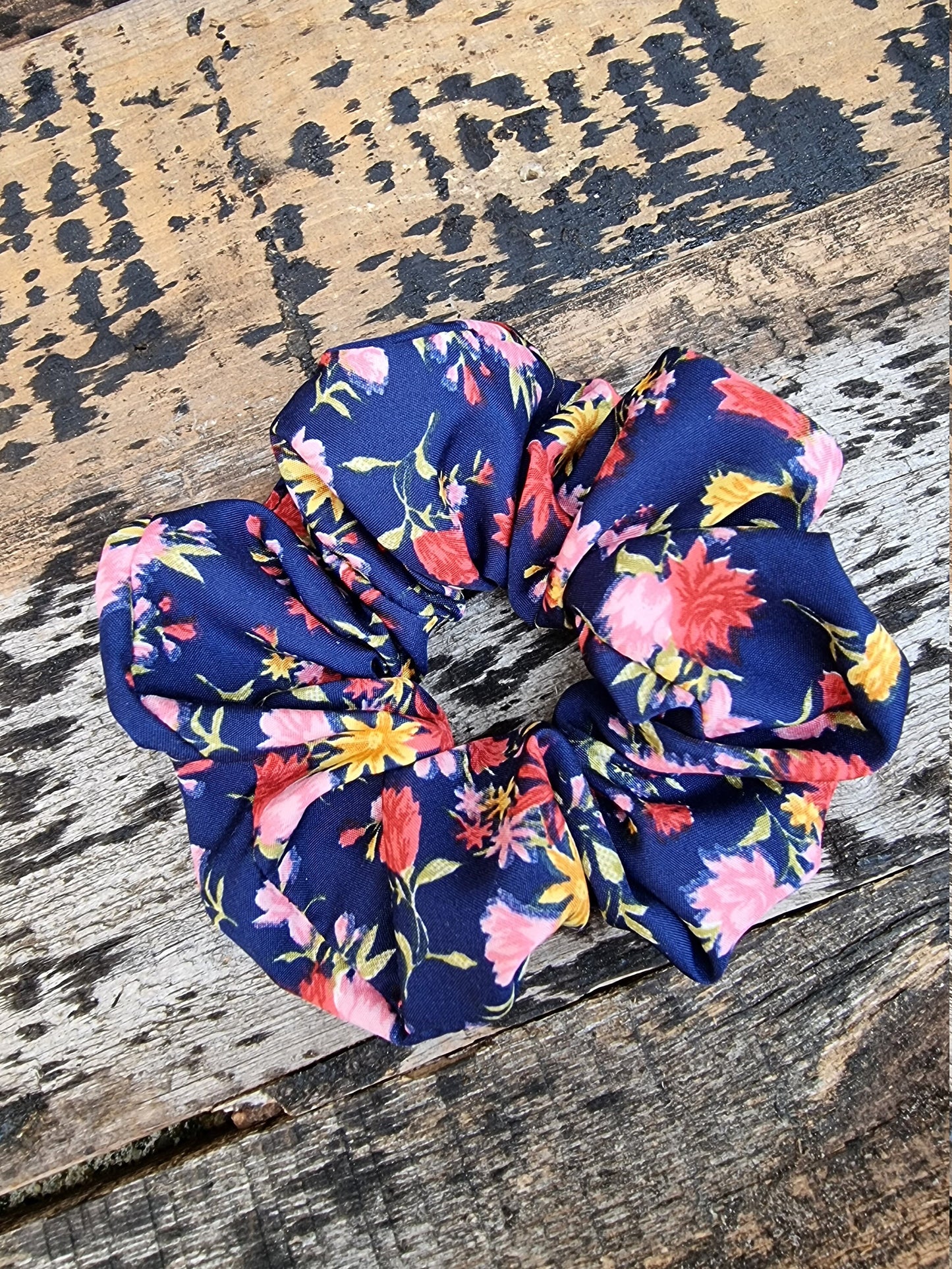 Navy And Pink Scattered Floral Crepe Scrunchie | Hair Tie